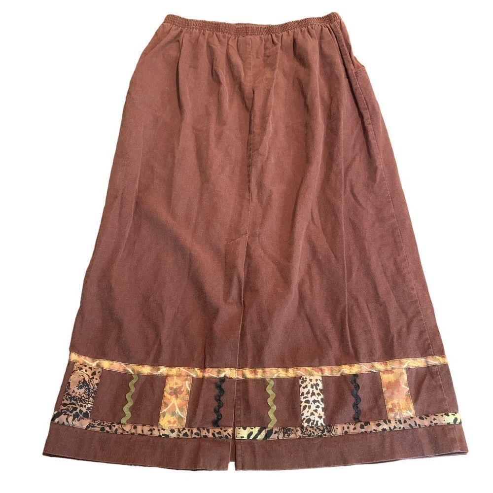 Stonebridge Brown Linen MIDI Skirt Ric Rac Animal Print Teacher XL